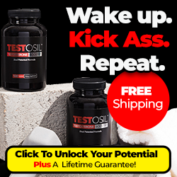 Advertisement for TestOSL supplements with text 'Wake up. Kick Ass. Repeat.' and 'Free Shipping' on a black background.
