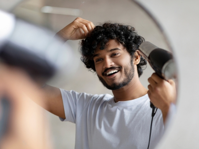 Excited indian man using hairdryer after shower - Machismo Plus Hair Vitamin Gummies