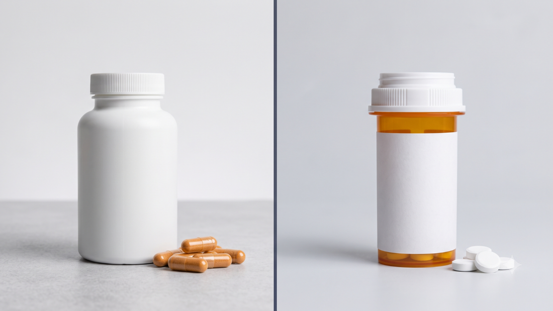 Supplement bottle and capsules beside a prescription pill bottle and tablets, comparing ED supplements to prescription medication