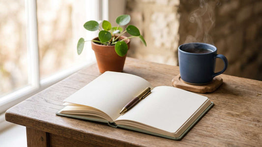 Journal, pen, and tea by a window, representing a calm approach to anxiety and libido