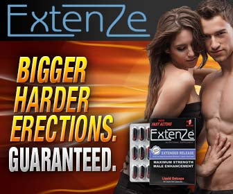 Advertisement for ExtenZe with a couple embracing and text claiming 'Bigger Harder Erections. Guaranteed.'