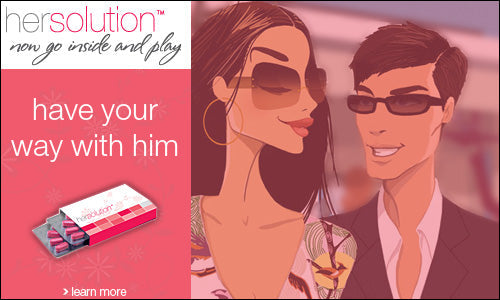 Advertisement with two people wearing sunglasses and a product on a pink background
